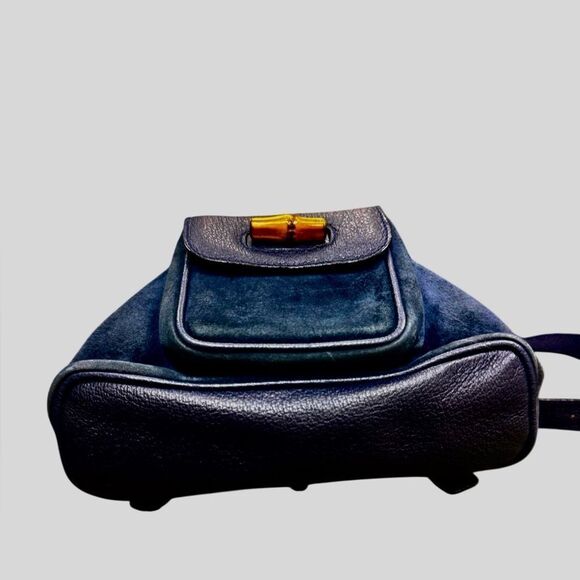 Gucci Vintage Navy Blue Suede & Leather Bamboo Handle Mini Backpack Auth main image 12